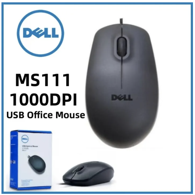 This DELL MS111 Optical Mouse features 1000 dpi, 3 buttons, and a scroll wheel, making it suitable for desktop and office use